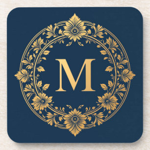 Porta-copo Design de Monograma Floral Dourado Elegante