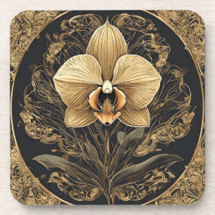 Porta-copo Design de Orquídea Dourada Elegante