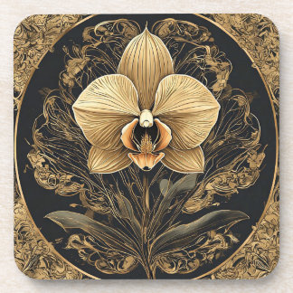 Porta-copo Design de Orquídea Dourada Elegante