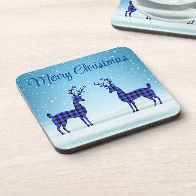 Porta-copo Dia da Neve com uma Rena de Xadrez Azul (Left Side)