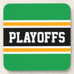 Porta-copo Diversão PLAYOFFS Kelly Green Yellow Strips<br><div class="desc">Este design desportivo,  colorido,  apresenta dentro de texto PLAYOFFS atlético,  uma faixa preta larga realçada com pinstripes brancas e amarelas contra listras externas brilhantes e verdes. O texto e as cores neste design podem ser personalizados.</div>