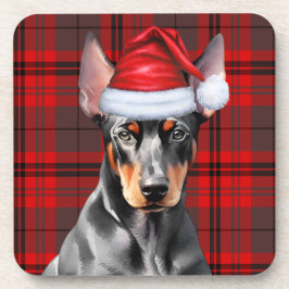 Porta-copo Doberman Pinscher with Seasonal Red Holiday Plaid