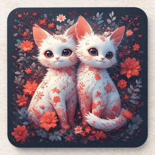 Porta-copo Dois gatinhos brancos e flores