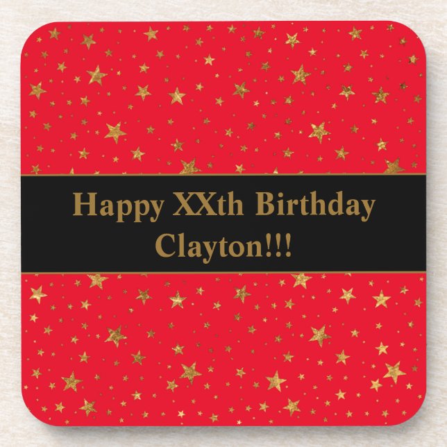 Porta-copo Douradas estrelas com mensagem no aniversário verm (Frente)