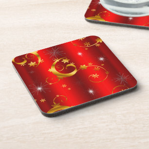Porta-copo Douradas estrelas e turfeiras - Natal vermelho
