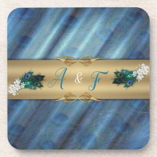 Porta-copo Dourado, Penas Peacock na Emerald Green Silk