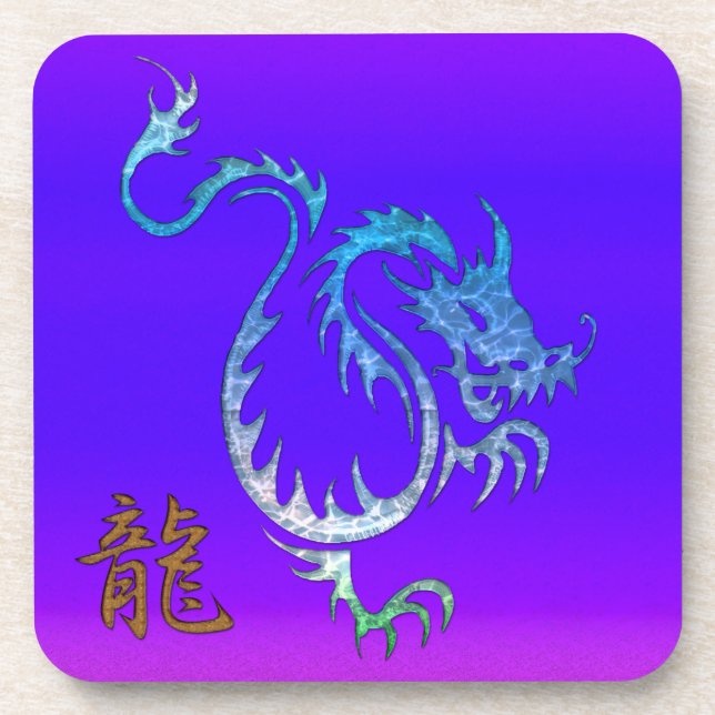 Porta-copo Dragão Azul Chinês nas Coasters de Bebida Roxo (Frente)