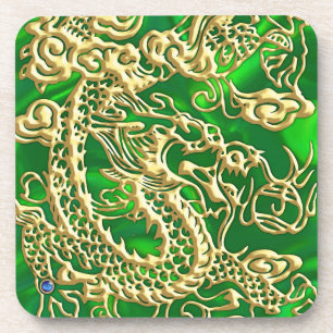 Porta-copo Dragão Dourado Embutido em Impressão de Seda Verde