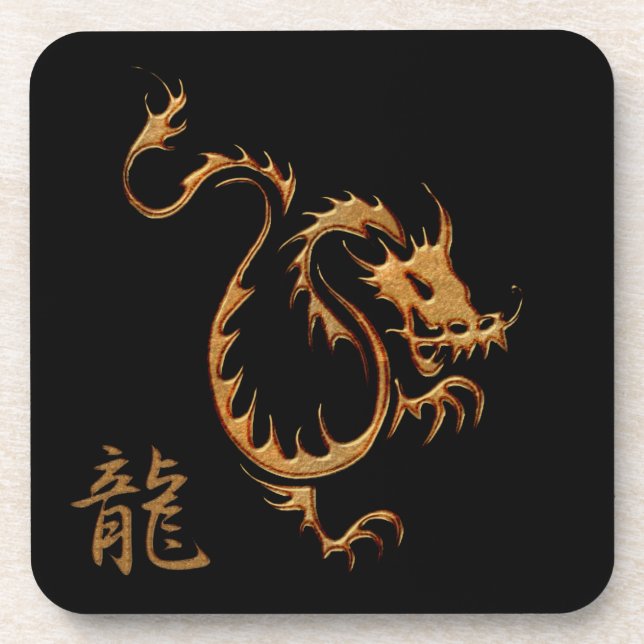 Porta-copo Dragão-Ouro chinês em Coasters de Bebida Vermelha (Frente)
