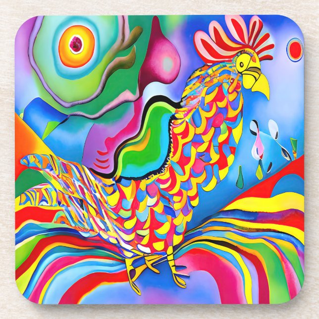 Porta-copo "Dreamscape Bird". Um cockerel surreal de abstrato (Frente)