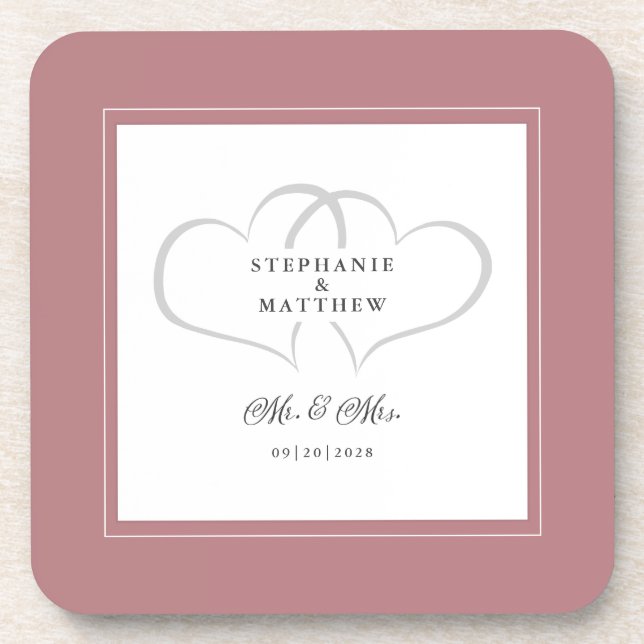 Porta-copo Dusty Rosa Wedding Sr. e Sra. Elegant Chic Hearts (Frente)