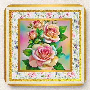Porta-copo Elegância Rosas Rosa e Amarelo Aquarela Pastel