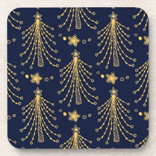 Porta-copo Elegant Navy Blue Gold Christmas Tree Star Pattern