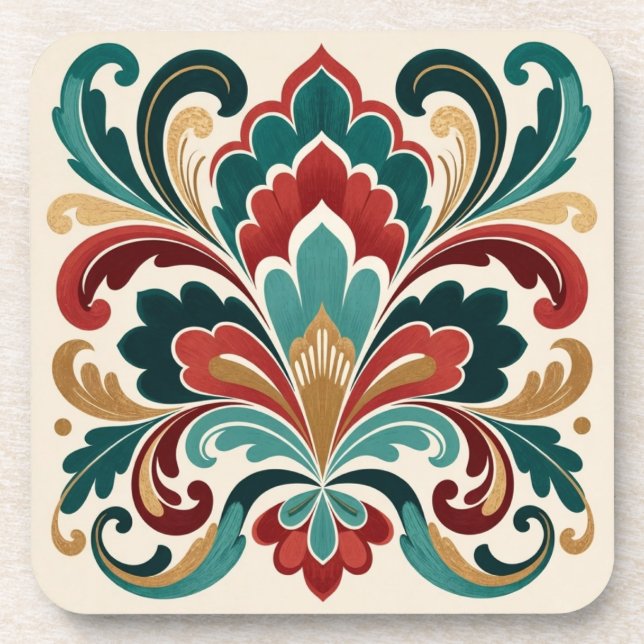 Porta-copo Elegant Teal–Red Ornamental Bloom (Frente)