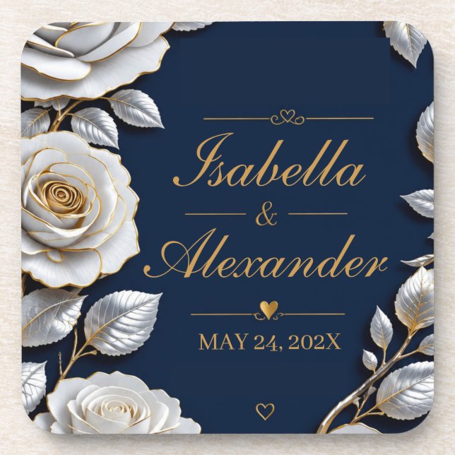 Porta-copo Elegant White and Gold Rose on Navy Blue  (Frente)