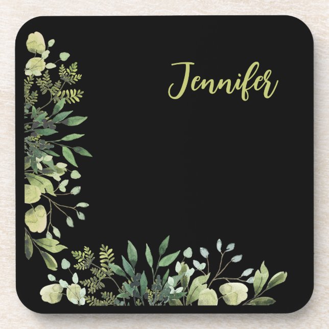 Porta-copo Elegante chamado quadro botânico deixa preto (Frente)