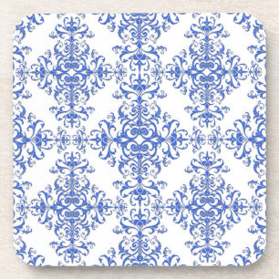 Porta-copo Elegante estilo damasco floral em azul cobalto e b