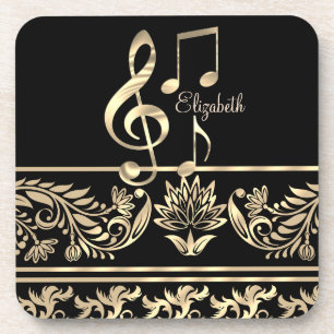 Porta-copo Elegante Floral Dourado, Tecla de Violino, Nota