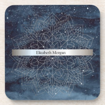 Elegante Mandala Prateado Moderno com Faixa Azul-M