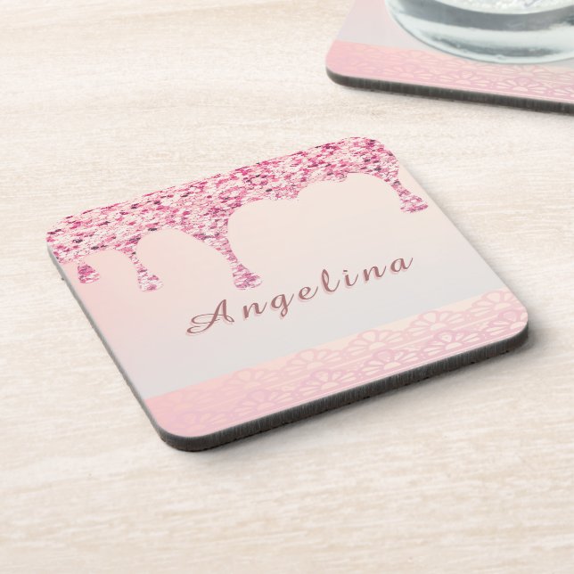 Porta-copo Elegante Rosa Glam Gotejamento de Brilho (Left Side)