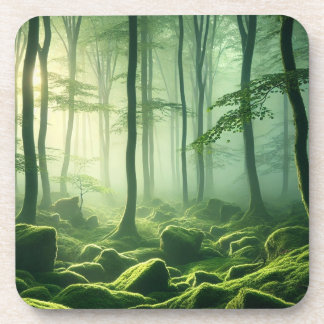 Porta-copo Enchanted Misty Forest Serene Green Woodland Scene