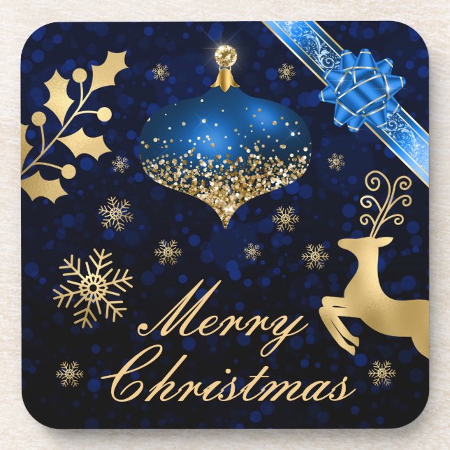 Porta-copo Enfeite de Natal azul e dourado com brilho e Fita (Frente)