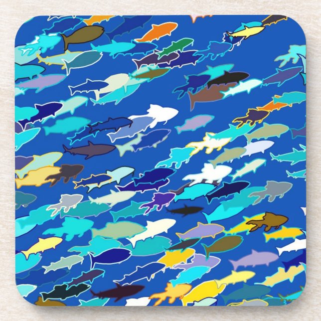 Porta-copo Escola de Peixes, Azul Escuro, Branco e Turquesa (Frente)