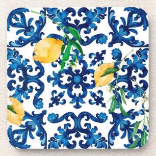 Porta-copo estilo italiano,Mediterrâneo,mosaico,azul,limão