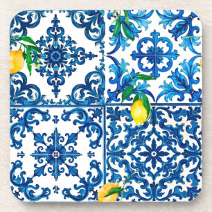 Porta-copo estilo italiano,Mediterrâneo,mosaico,azul,limão