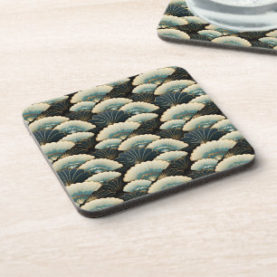 Porta-copo Estilo Japonês Cream Dourado Teal Fan Impressão