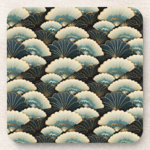 Estilo Japonês Cream Dourado Teal Fan Impressão