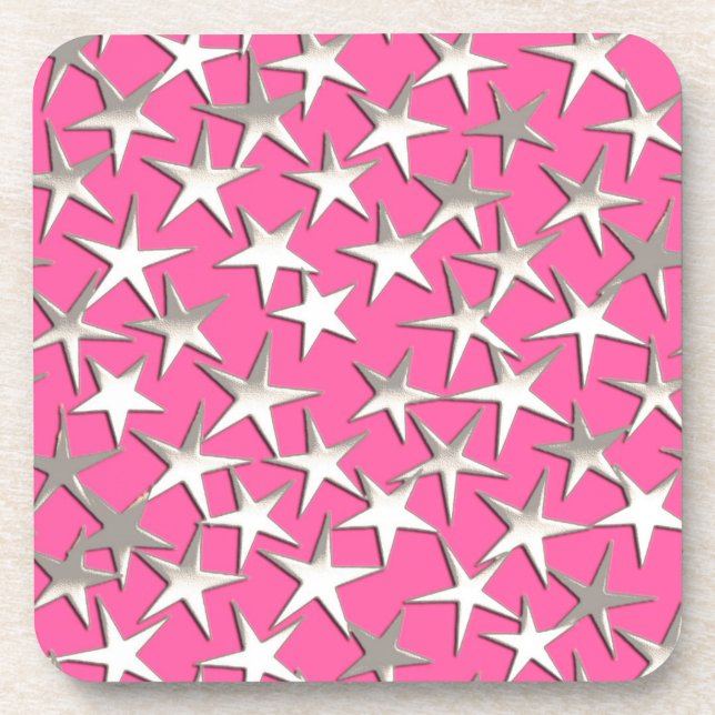 Porta-copo Estrelas prateadas de rosa fuchsia (Frente)