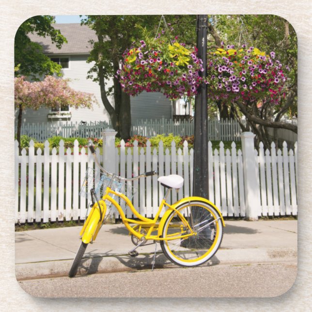 Porta-copo EUA, Michigan, Ilha Mackinac. Bike Amarelo (Frente)
