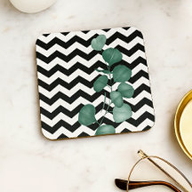 Eucalipto em Aquarela Chevron Preto e Branco