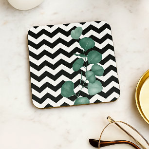 Porta-copo Eucalipto em Aquarela Chevron Preto e Branco