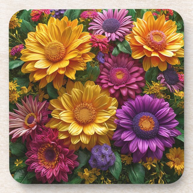 Porta-copo Exibição Vibrante de Flores Amarelas e Roxas (Frente)
