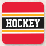 Porta-copo Faixas de Corrida Negra Amarelo-Amarelo-Brilhante<br><div class="desc">Este design desportivo,  colorido apresenta dentro de texto HOCKEY atlético,  uma faixa preta com faixas brancas e amarelas de corrida contra faixas vermelhas brilhantes externas. O texto e as cores neste design podem ser personalizados.</div>