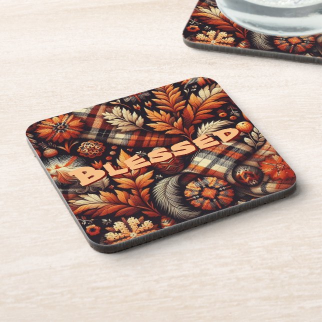 Porta-copo Fall Autumn Plaid Leaves Orange Personalized (Left Side)