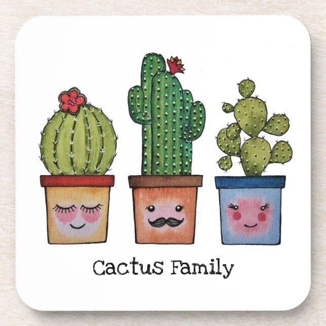 Porta-copo Família Cute Cactus Em Aquarela (Frente)
