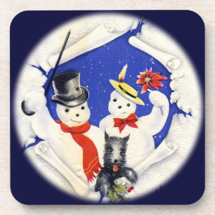 Porta-copo Família de Neve Vintage e Conjunto de Cachorros Po