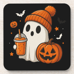 Porta-copo Fantasma de Halloween Fofo com Abóbora e Bebida
