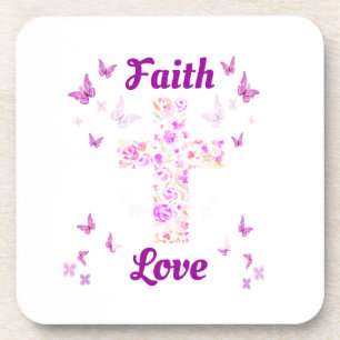 Porta-copo Fé e Amor Cruz de Rosas com Butterflie Rosa