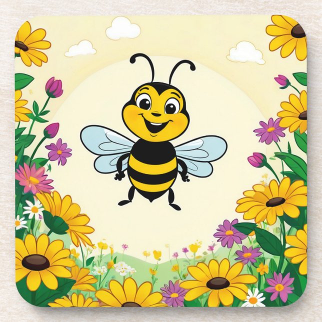 Porta-copo Feliz Abelha Em Flores Coloridas (Frente)