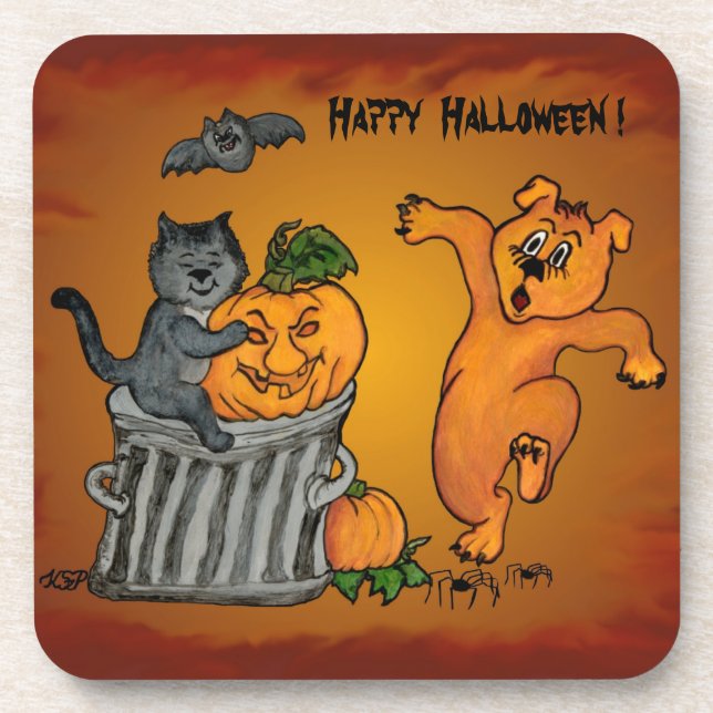 Porta-copo Feliz Dia das Bruxas com Cachorro de Gato e Aranha (Frente)
