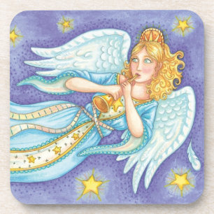 Porta-copo Feliz Natal, Anjo Músico Tocando Seu Corno