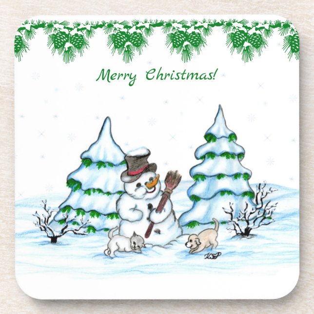 Porta-copo Feliz Natal! Boneco de Neve com Gato e Cachorrinho (Frente)
