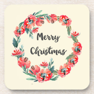 Porta-copo Feliz Natal Red Floral Watercolor Wreath