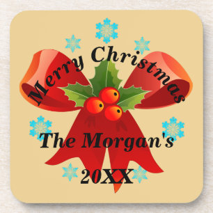 Porta-copo Feliz Natal Red Ribbon Holly Leaf