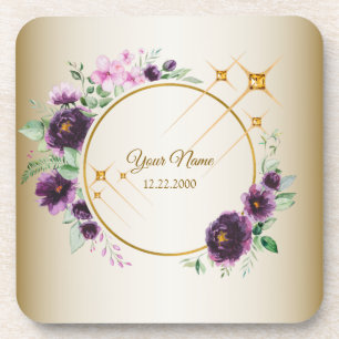 Porta-copo Festa de Casamento Roxo Rosa Floral Verde Dourado
