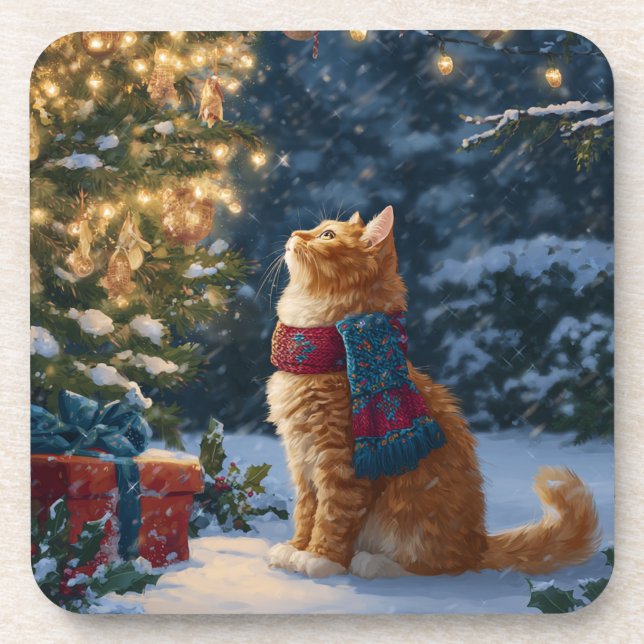 Porta-copo Festive Orange Cat Hard Plastic Coaster Set (Frente)